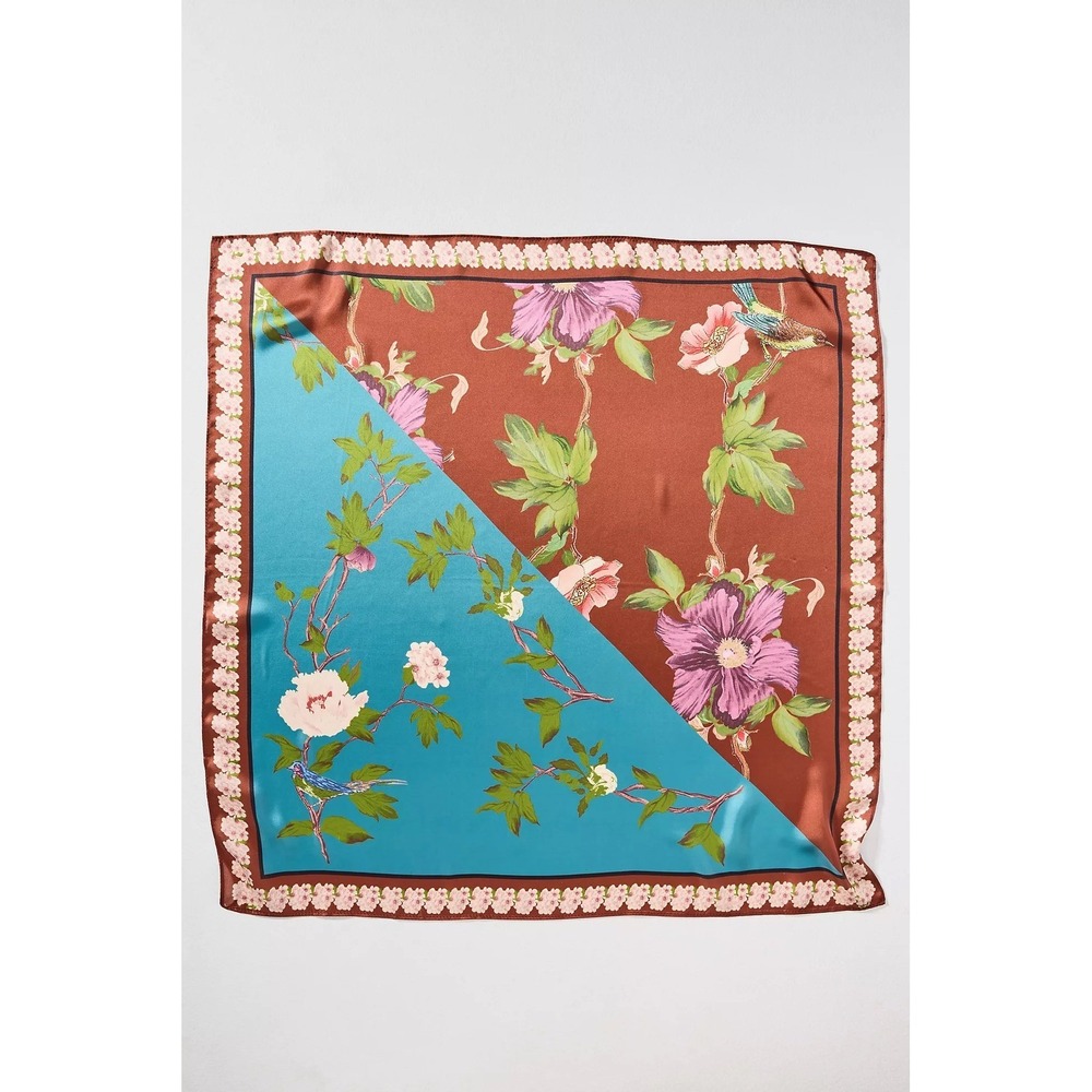 Anthropologie Set of 2 Floral Botanical Square Silk Like Scarves Teal Brown Pink - Picture 2 of 4
